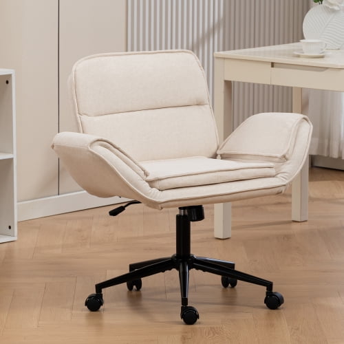 Criss Cross Chair with Wheels, Adjustable Armrests, Cloth Swivel Vanity Chair, Comfortable Office Chair, Adjustable Height Computer Makeup Gaming Desk Chair, Beige