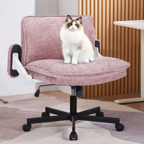 Criss Cross Chair with Wheels and Adjustable Flip-Arms, Cross Legged Office Chair with Thick Cushion, Wide Makeup Vanity Chair, Comfy Swivel Desk Chair for Home Office, Apartment, Bedroom, Pink