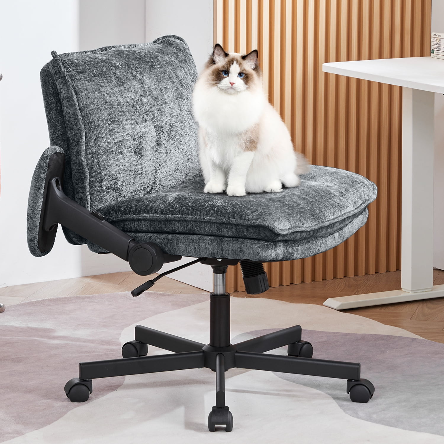 Criss Cross Chair with Wheels and Adjustable Flip-Arms, Cross Legged Office Chair with Thick Cushion, Wide Makeup Vanity Chair, Comfy Swivel Desk Chair for Home Office, Apartment, Bedroom, Grey