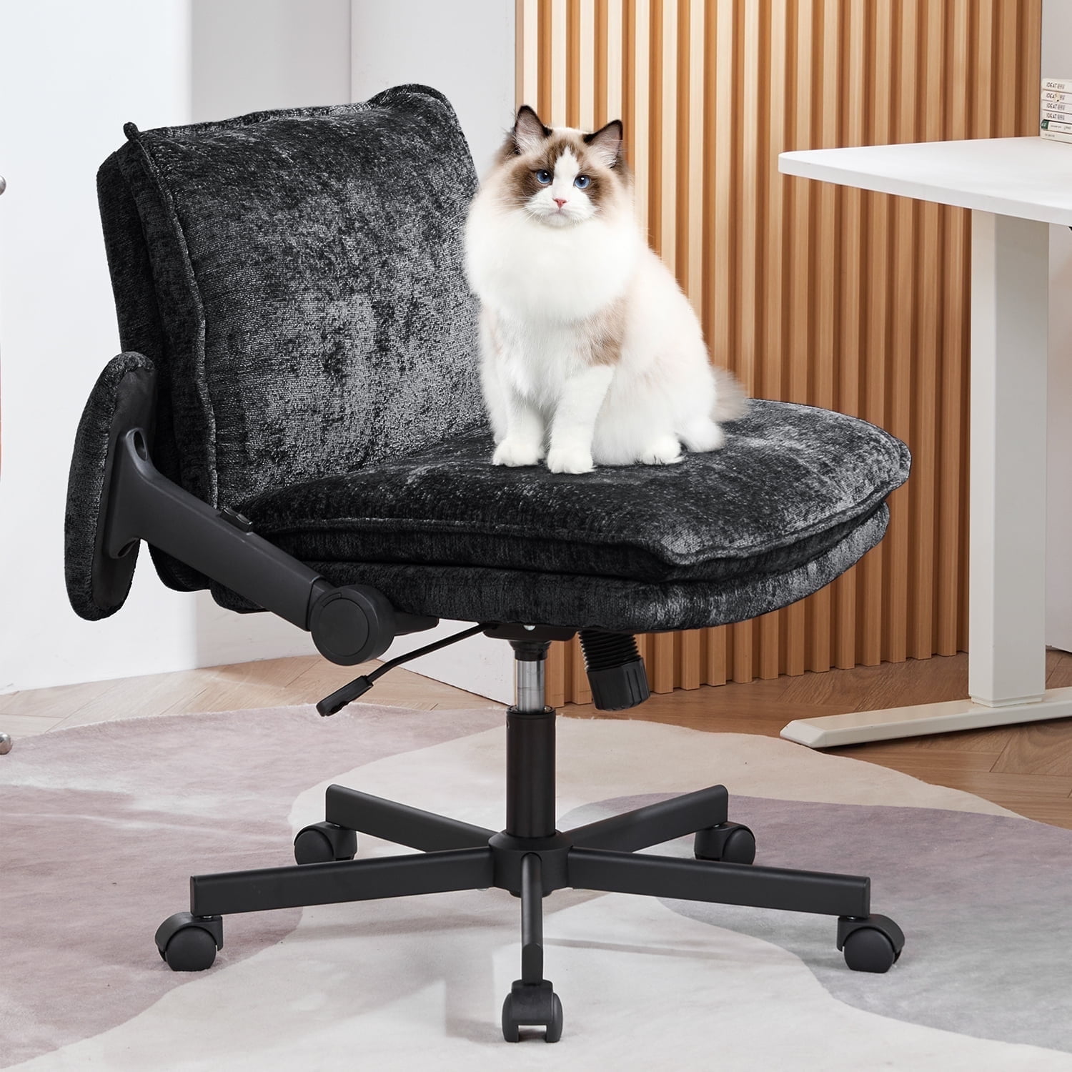 Criss Cross Chair with Wheels and Adjustable Flip-Arms, Cross Legged Office Chair with Thick Cushion, Wide Makeup Vanity Chair, Comfy Swivel Desk Chair for Home Office, Apartment, Bedroom, Black