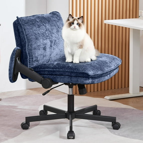 Criss Cross Chair with Wheels and Adjustable Flip-Arms, Cross Legged Office Chair with Thick Cushion, Wide Makeup Vanity Chair, Comfy Swivel Desk Chair for Home Office, Apartment, Bedroom, Navy
