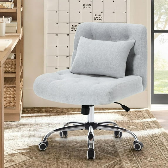 Criss Cross Chair with Wheels, Comfy Fabric Cross Legged Office Chair for Adult, Armless Wide Seat Desk Chair with Lumbar Pillow, Swivel Vanity Chair for Home Office, Conference, Light Grey