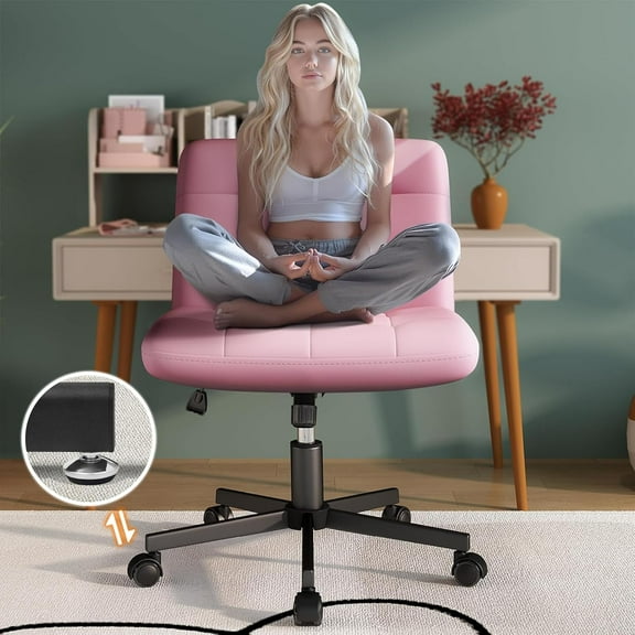 Criss Cross Chair with Wheels, Pink Armless Legged Office Desk Chair Wide Seat, Leather Comfortable Adjustable Swivel Computer Task Vanity Chairs for Small Space, Home Office