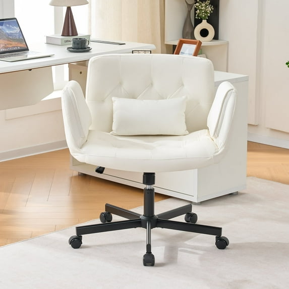 Criss Cross Chair with Armrests, Cross Legged Home Office Chair with Pillow, PU Leather Task Chair for Living Room, Bedroom, Game Room