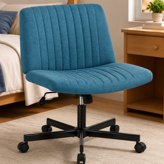 Criss Cross Chair with Wheels, Wide Cross Legged Office Chiar, Armless Vanity Chair Adjustable Swivel for Home Computer Task, Blue