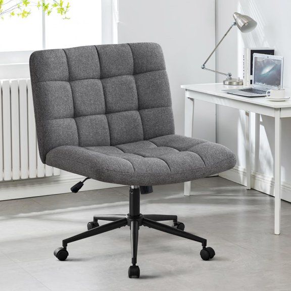 Criss Cross Chair with Wheels, Wide Seat Desk Office Chair with Height Adjustment Armless Swivel Rolling  Cross Legged ChairsLinen Gray