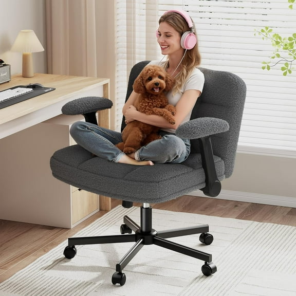Criss Cross Chair with Wheels and Flip-up Arms, Adjustable Height, Teddy Plush Fabric,Grey, for Bedroom, Home Office, Apartment