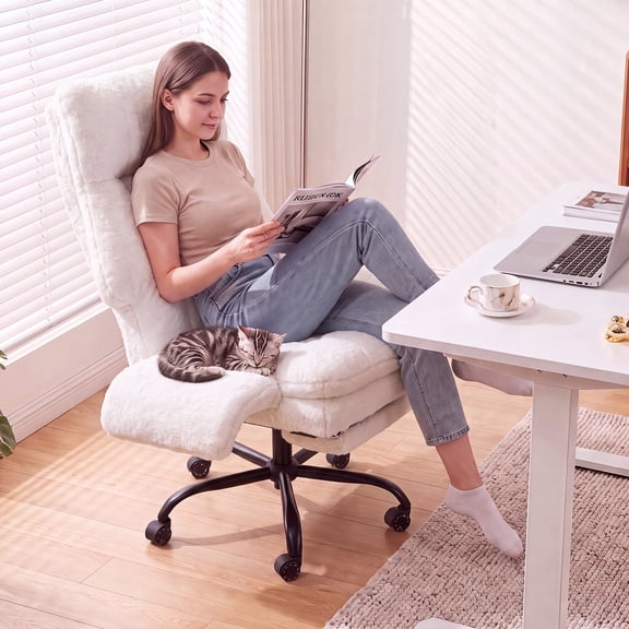 Criss Cross Desk Chair, Cross Legged Office Chair with Wheels, Beige Boucle Big and Tall Reclining Office Chair 500lbs with Foot Rest, Reversible Armrests & Wide Seat