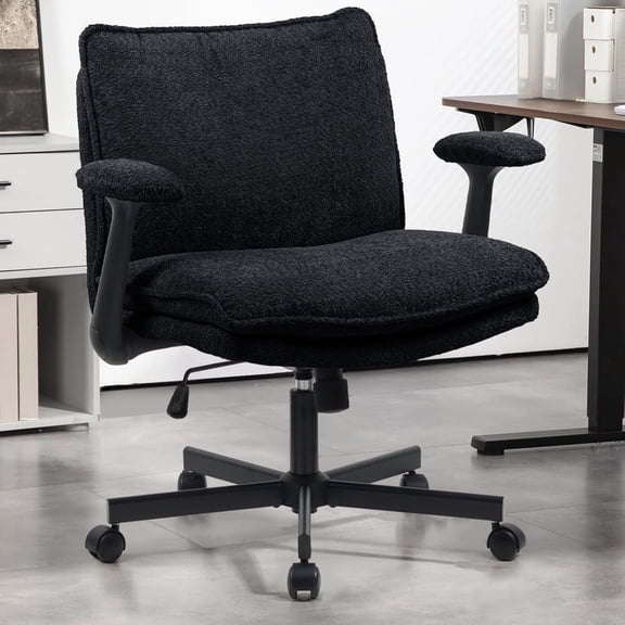 Criss Cross Desk Chair with Wheels and Flip Arms, Thick Padded Wide Seat Office Chair, Fabric Cross Legged Office Chair for Home Office, Mid Back Swivel Makeup Vanity Chair