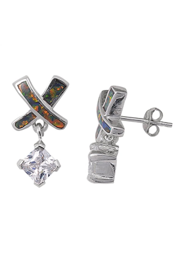 Criss-Cross Hanging Earrings Mystic Simulated Opal Clear CZ .925 Sterling Silver Jewelry Female