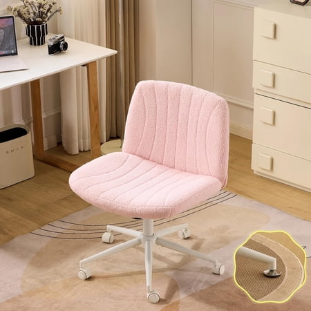 Criss Cross Legged Chair,Wide Comfy Office Desk Chair,Dual-Use with/no Wheels Computer Task Chair,Swivel Armless Vanity Boucle Chair for Study,Make Up,Home Office,Teddy Fleece,Pink