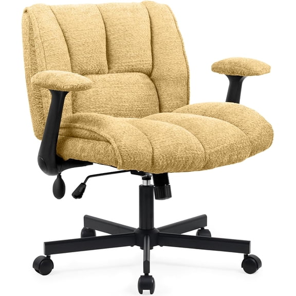 Criss Cross Legged Office Chair with Flip-Up Arms and Wheels, Wide Seat Desk Chair with Built-In Dynamic Airbag Lumbar Support, Modern Cross-Leg Chair for Home Office, Apartment, Vanity, Yellow