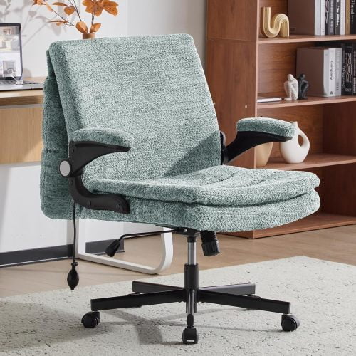 Criss Cross Legged Office Chair with Flip-Up Back, Built-In Dynamic Airbag Lumbar Support, Wide Seat Desk Chair with Flip-Up Arms, Modern Cross-Leg Chair for Home Office, Vanity, Light Green