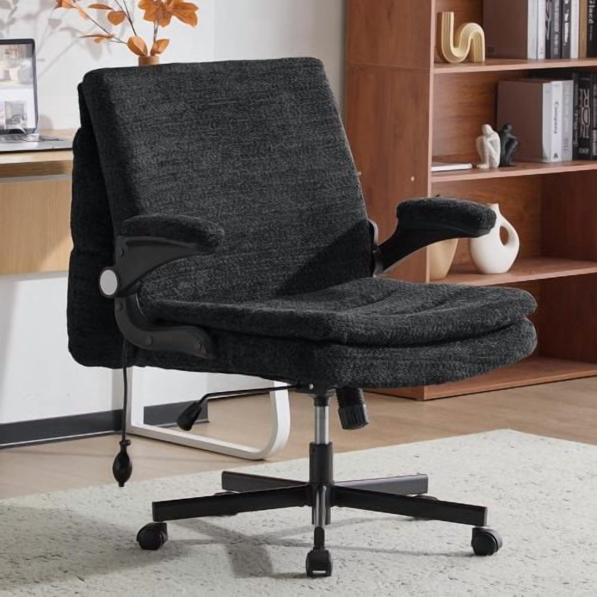 Criss Cross Legged Office Chair with Flip-Up Back, Built-In Dynamic Airbag Lumbar Support, Wide Seat Desk Chair with Flip-Up Arms, Modern Cross-Leg Chair for Home Office, Vanity, Black