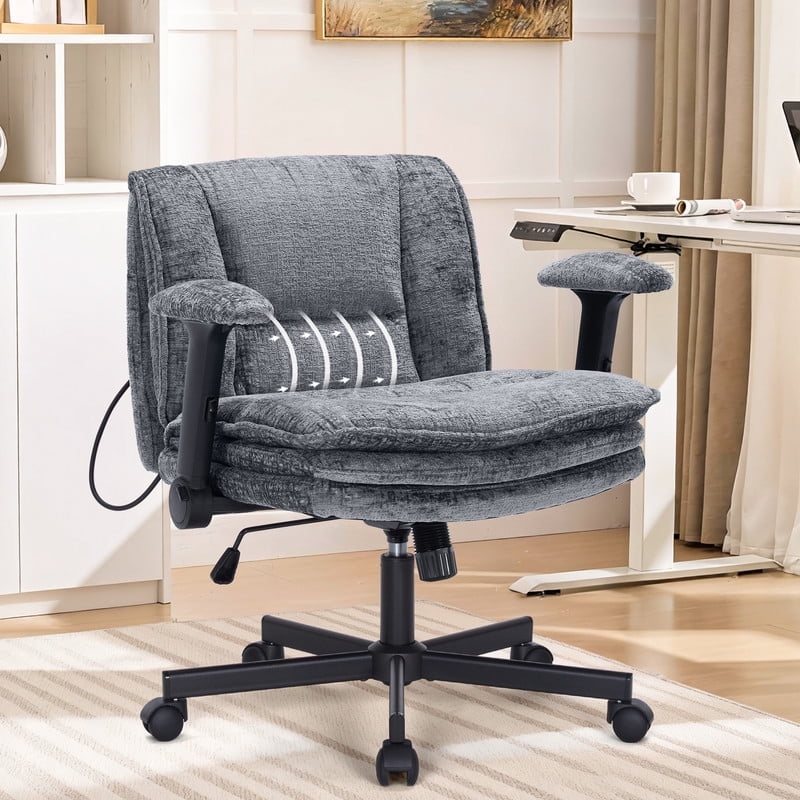Criss Cross Legged Office Chair with Wide 3 Layer Cushions, Ergonomic Criss Cross Desk Chair with Dynamic Lumbar Support and Flip-up Arms, Mid Back Fabric Swivel Vanity Chair for Work, Study, Leisure