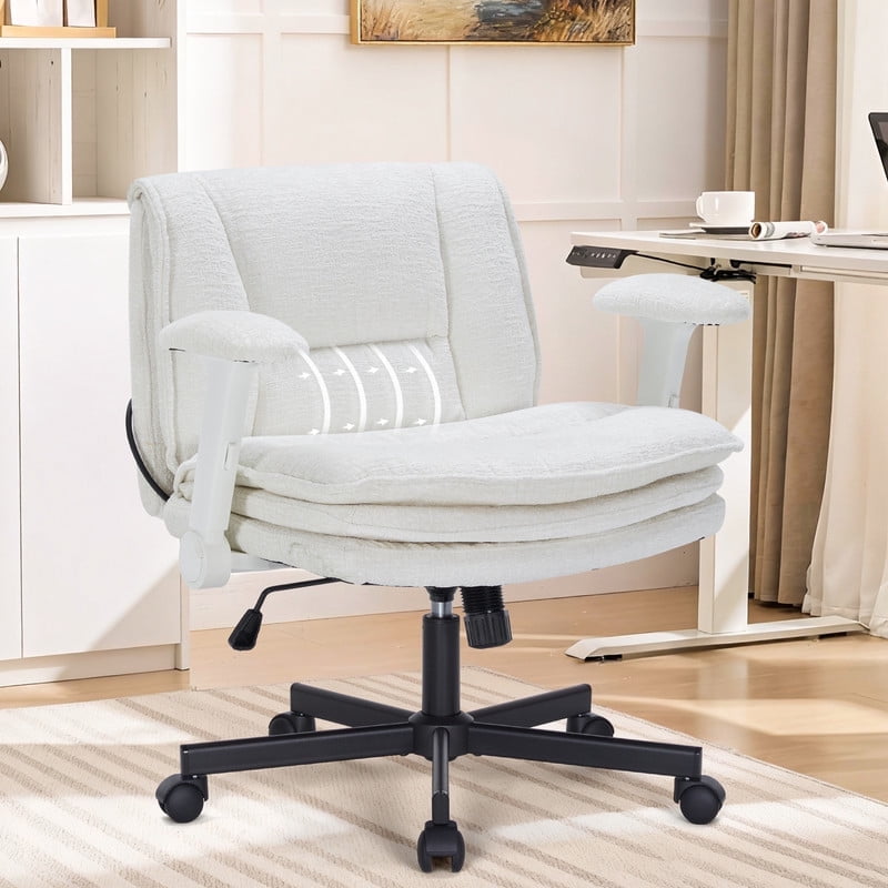 Criss Cross Legged Office Chair with Wide 3 Layer Cushions, Ergonomic Criss Cross Desk Chair with Dynamic Lumbar Support and Flip-up Arms, Mid Back Fabric Swivel Vanity Chair for Work, Study, Leisure