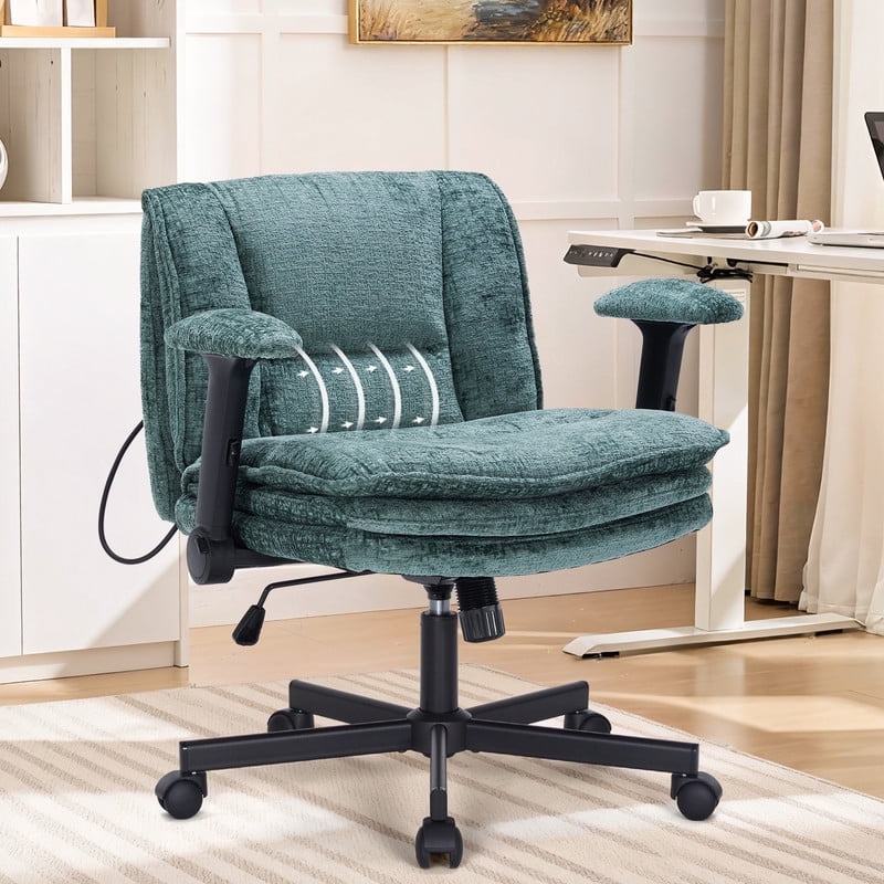 Criss Cross Legged Office Chair with Wide 3 Layer Cushions, Ergonomic Criss Cross Desk Chair with Dynamic Lumbar Support and Flip-up Arms, Mid Back Fabric Swivel Vanity Chair for Work, Study, Leisure