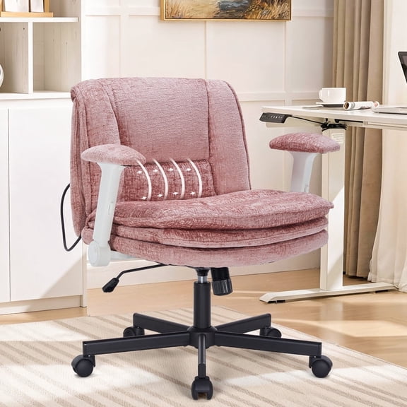 Criss Cross Legged Office Chair with Wide 3 Layer Cushions, Ergonomic Criss Cross Desk Chair with Dynamic Lumbar Support and Flip-up Arms, Mid Back Fabric Swivel Vanity Chair for Work, Study, Leisure