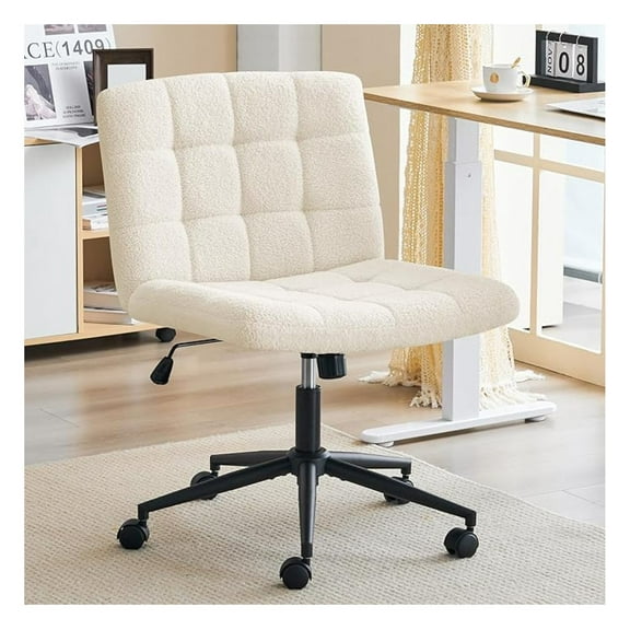 Criss Cross Legged Office Chair with Wheels, Swivel Desk Chair for Home, Armless Vanity Chair, Height Adjustable Comfy Seat, Faux Fur White