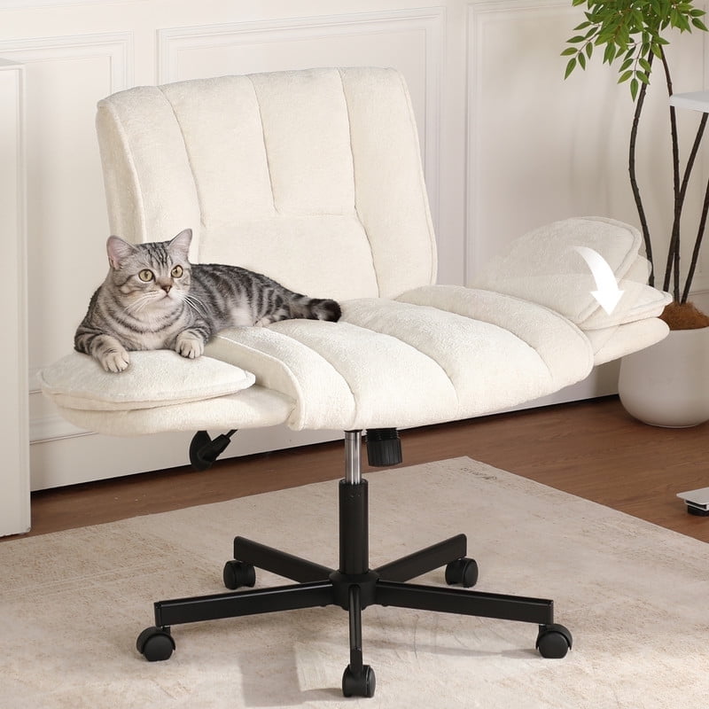 Criss Cross Office Chair with 6-Level Folding Arms and Wheels, Ergonomic Fabric Cross Legged Chair with Dynamic Lumbar Support, Plus Size Swivel Vanity Chair for Home Office, Living Room, Makeup