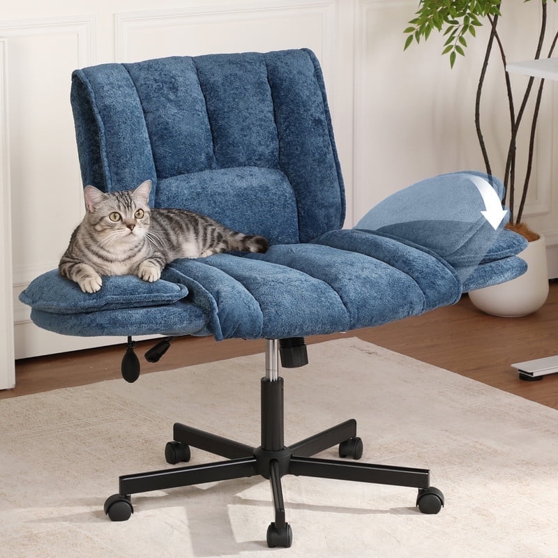 Criss Cross Office Chair with 6-Level Folding Arms and Wheels, Ergonomic Fabric Cross Legged Chair with Dynamic Lumbar Support, Plus Size Swivel Vanity Chair for Home Office, Living Room, Makeup