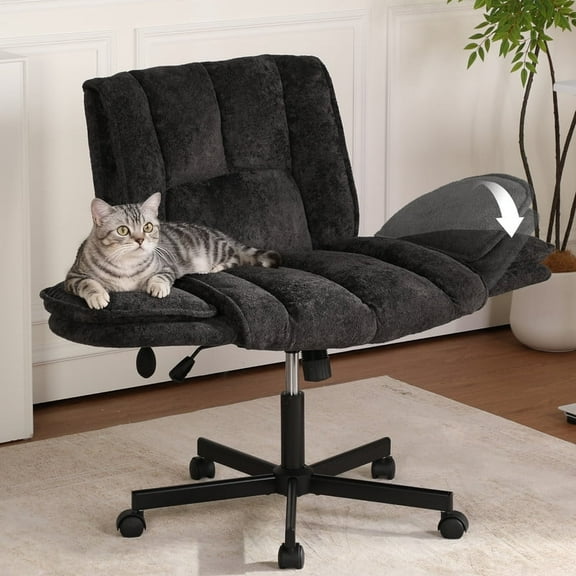 Criss Cross Office Chair with 6-Level Folding Arms and Wheels, Ergonomic Fabric Cross Legged Chair with Dynamic Lumbar Support, Plus Size Swivel Vanity Chair for Home Office, Living Room, Makeup