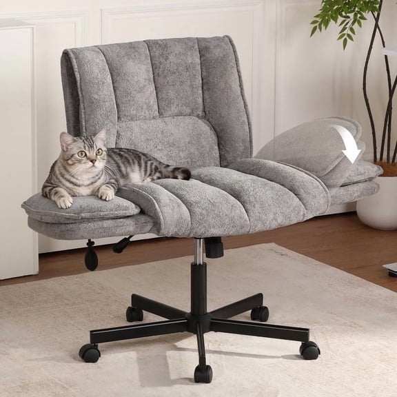 Criss Cross Office Chair with 6-Level Folding Arms and Wheels, Ergonomic Fabric Cross Legged Chair with Dynamic Lumbar Support, Plus Size Swivel Vanity Chair for Home Office, Living Room, Makeup