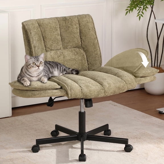 Criss Cross Office Chair with 6-Level Folding Arms and Wheels, Ergonomic Fabric Cross Legged Chair with Dynamic Lumbar Support, Plus Size Swivel Vanity Chair for Home Office, Living Room, Makeup