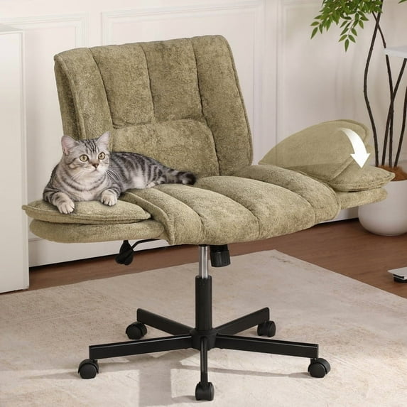 Criss Cross Office Chair with 6-Level Folding Arms and Wheels, Ergonomic Fabric Cross Legged Chair with Dynamic Lumbar Support, Plus Size Swivel Vanity Chair for Home Office, Living Room, Makeup