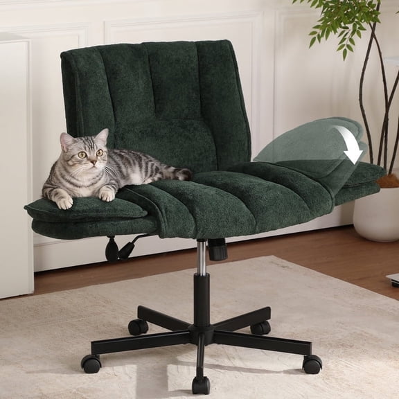 Criss Cross Office Chair with 6-Level Folding Arms and Wheels, Ergonomic Fabric Cross Legged Chair with Dynamic Lumbar Support, Plus Size Swivel Vanity Chair for Home Office, Living Room, Makeup