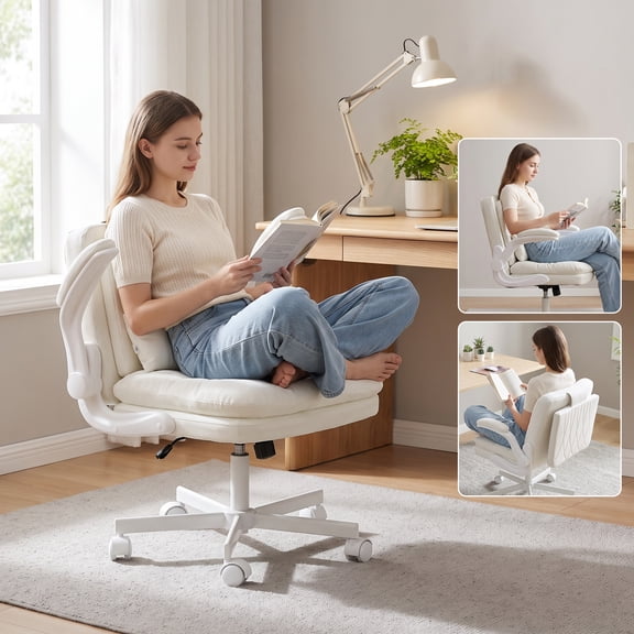 NETAJE Criss Cross Office Chair with Flip Backrest & Lumbar Pillow, Wide Cross Legged Desk Chair for Home Office, Bedroom
