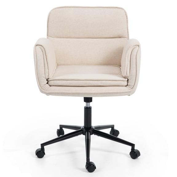 CrissCross Office Desk Chair, 5Gear Foldable Adjustable Armrests, 360Degree Swivel CatResistant PU Chair with Poplar Wood & Metal Frame, Height Adjustable Ergonomic Computer Chair in Beige