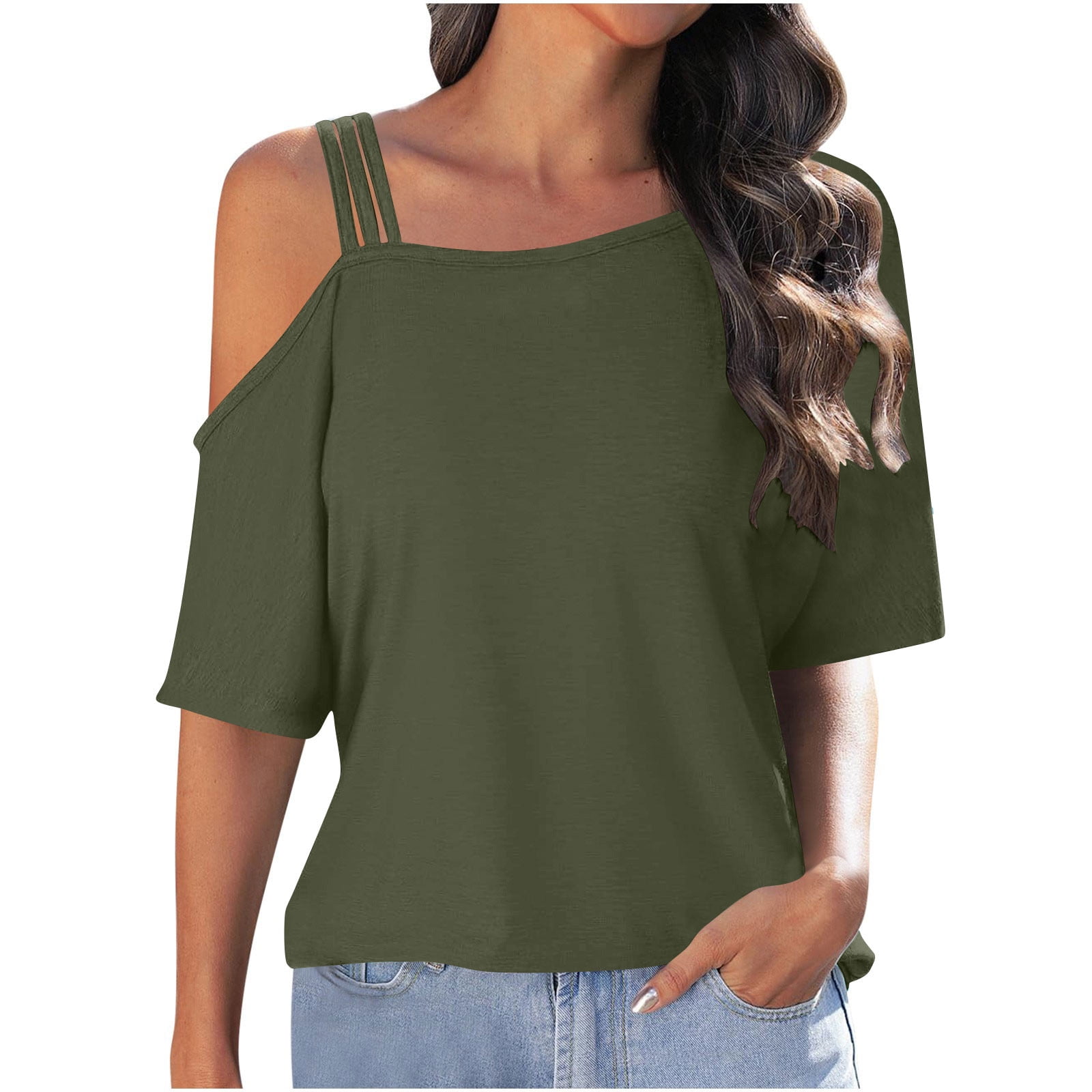 All-Over Print Women's Cold Shoulder T-shirt With Criss Cross Strips