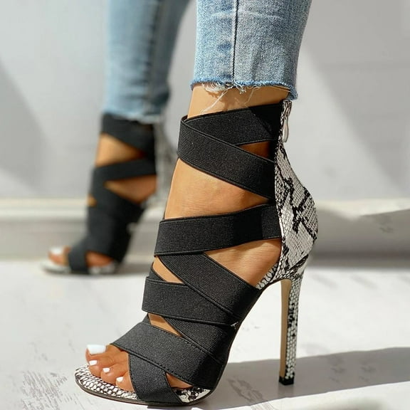 Criss Cross Patchwork High Heels Sandals (Black, 8.5)