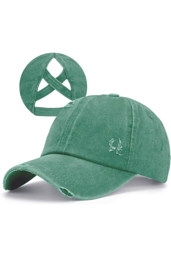 Criss Cross Ponytail Hat Women Washed Distressed Baseball Caps Adjustable High Messy Bun Ponycap