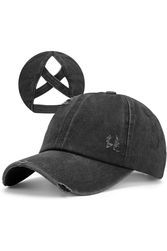 Criss Cross Ponytail Hat Women Washed Distressed Baseball Caps Adjustable High Messy Bun Ponycap