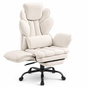 Criss Cross Reclining Office Chair with Foot Rest, Flip Up Armrests, Adjustable Headrest, Lumbar Massage Cushion, Cross-Legged Sitting Oversized Desk Chair, Wide Seat Vanity Chair, White PU Leather