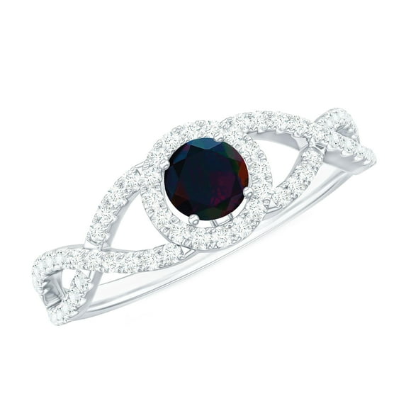 Rosec Jewels Natural Black Opal Engagement Ring with Diamond - Designer Ring for Women - AAA Quality - with Jewelry Box, 925 Sterling Silver, US 3.50