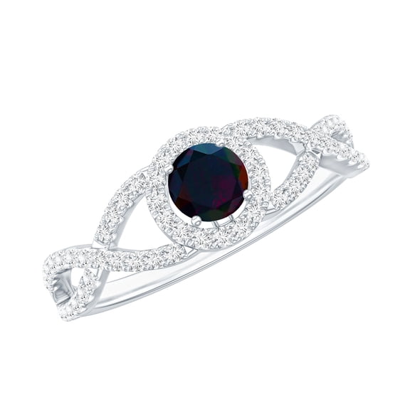 Rosec Jewels Natural Black Opal Engagement Ring with Diamond - Designer Ring for Women - AAA Quality - with Jewelry Box, 925 Sterling Silver, US 4.00