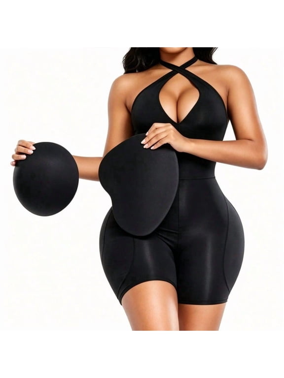 Crisscross Halter Tummy Control Bodysuit With Removable Butt Lifter Pads, Full Body Shaper With Hip Enhancer Inserts