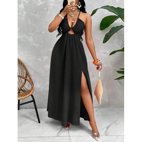 Crisscross Tie Backless Halter Swing Maxi Dress for Women