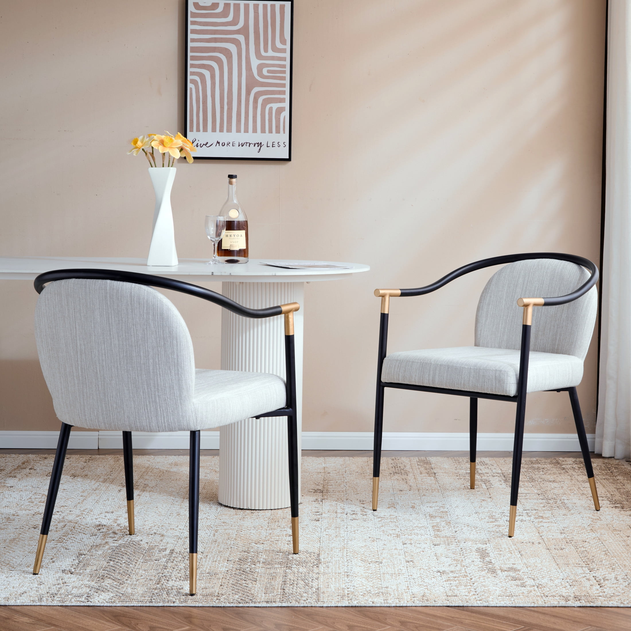 Crista Modern Upholstered Dining Chair, Metal Frame, Beige + Black + Gold, Set of 2