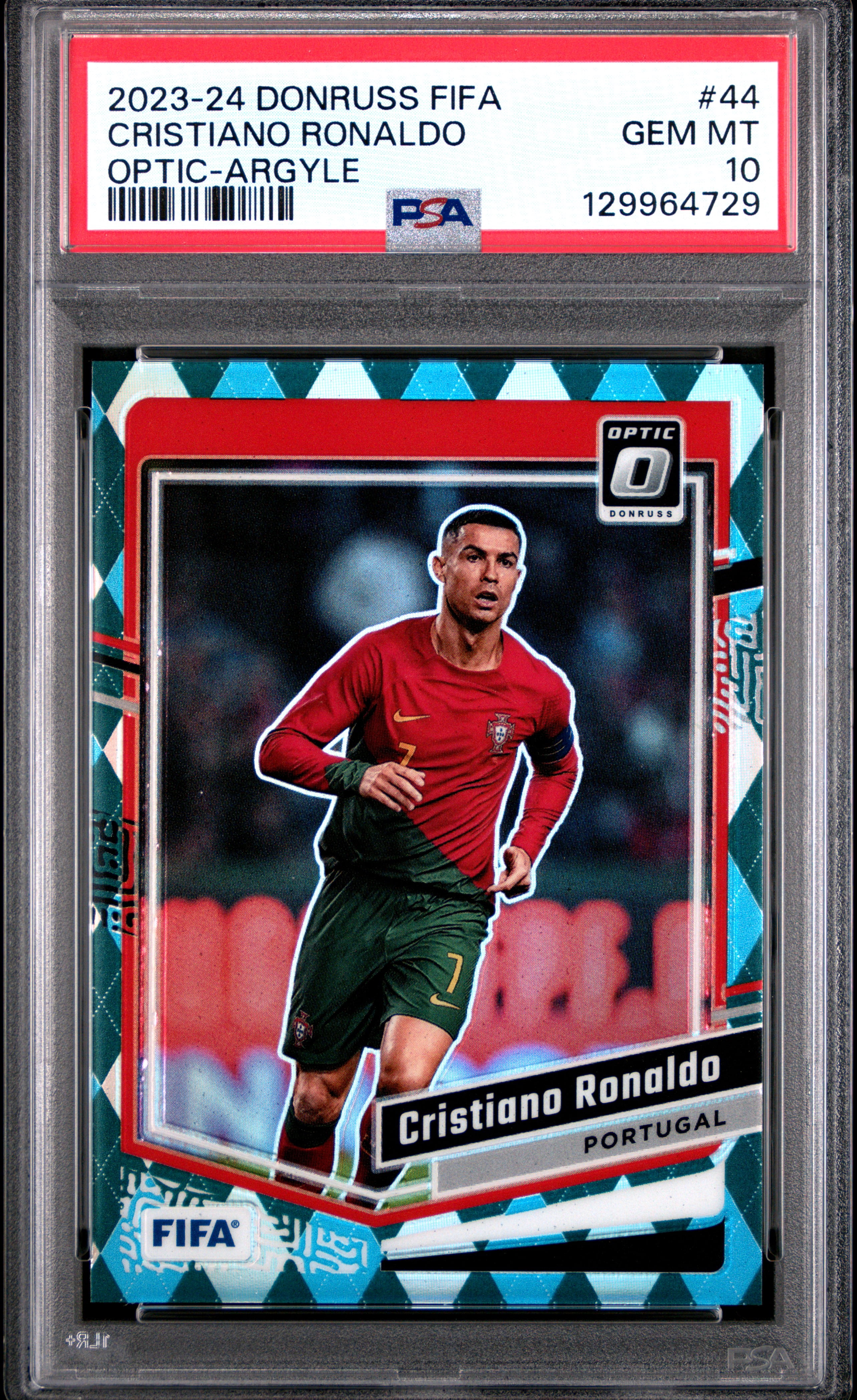 Cristiano Ronaldo 2023-24 Donruss FIFA Optic Argyle Soccer Card #44 Graded PSA 10 Cert #129964729 Cristiano Ronaldo 2023-24 Donruss FIFA Optic Argyle Soccer Card #44 Graded PSA 10 Cert #129964729