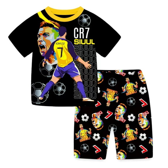 Cristiano Ronaldo Boys' Pajama Set, Movie and TV Fan Game Cartoon Round Neck Short sleeved T-shirt Shorts Home Clothing Casual Clothing Set, Suitable for Children Aged 5-12