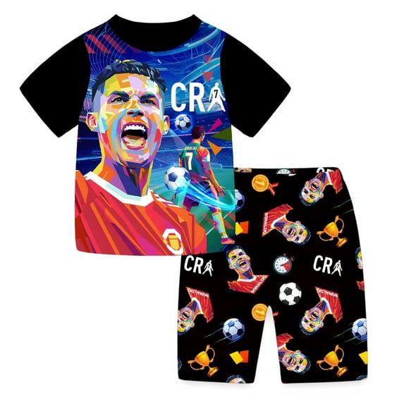 Cristiano Ronaldo Boys' Pajama Set, Movie and TV Fan Game Cartoon Round Neck Short sleeved T-shirt Shorts Home Clothing Casual Clothing Set, Suitable for Children Aged 5-12