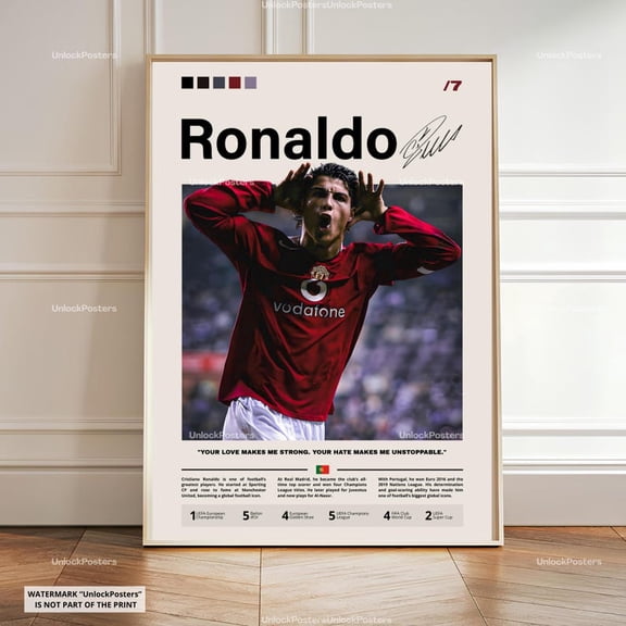 Cristiano Ronaldo Poster, Ronaldo Manchester United, Framed Man Utd Print, Premier League Decor, Football Artwork, Ronaldo United Wall Art 8x12 UNFRAMED