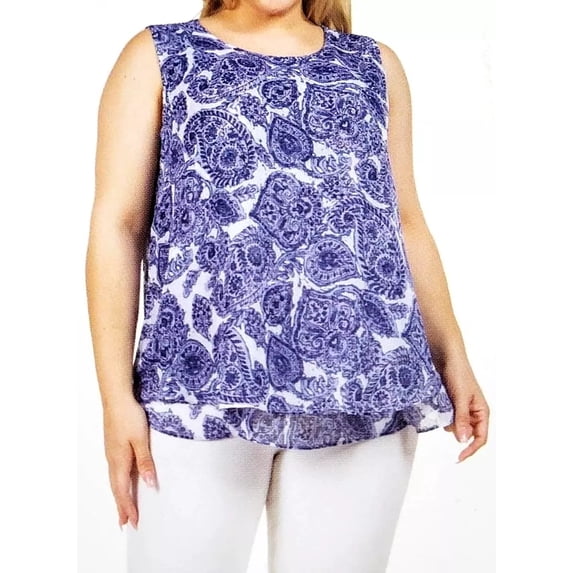 Cristina B Ladies' Size Large Sleeveless Tunic Tank Top, Blue Print