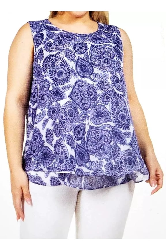 Ladies' Size Large Sleeveless Tunic Tank Top, Blue Print