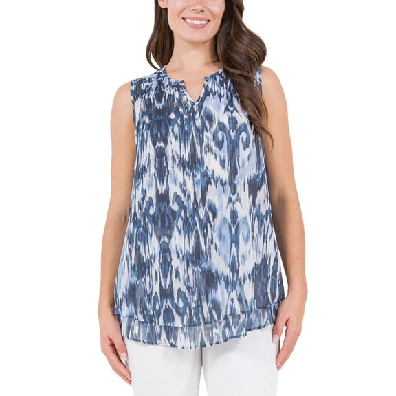 Cristina B Women's Ikat Print Sleeveless Double Layered Hi-low Hem Tunic Blouse (Blue, XXL)