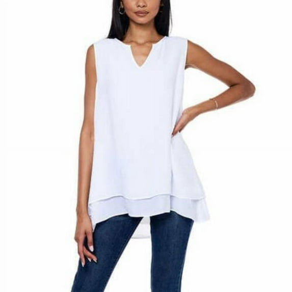 Cristina B Women’s Sleeveless Tunic V Neck Flowy Double Layer Tank Size: L, Color: Bright White